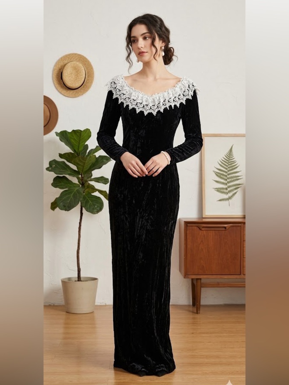 Vintage Velvet Elegant Black Dress with White Lace Trim on or off shoulder